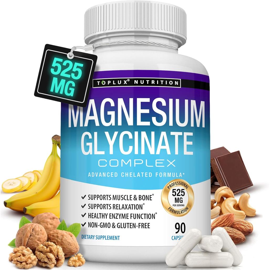 Magnesium Glycinate 525mg - การขยายแมกนีเซียมที่มีการดูดซึมสูงที่ทําจากแมกนีเซียมบริสุทธิ์ - พอร์ตกล้ามเนื้อ, นอน, Cramps, Recovery Bisglycinate Complex Vegan Non-GM