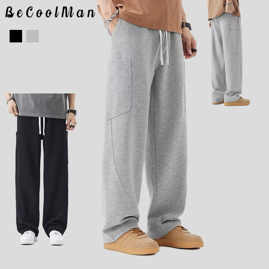 💥BecoolMan💥กางเกงขากว้างใหม่สำหรับผู้ชาย ผ้านุ่มระบายอากาศได้ มีเชือกรูด ทรงตรง ใส่สบาย และเข้ากับชุดได้ง่าย