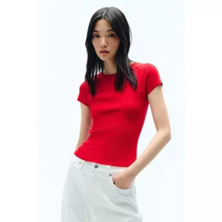 H&M(เอชแอนด์เอ็ม) เสื้อยืดผ้าถักเนื้อละเอียด Women Fine-knit T-shirt 1322347_1