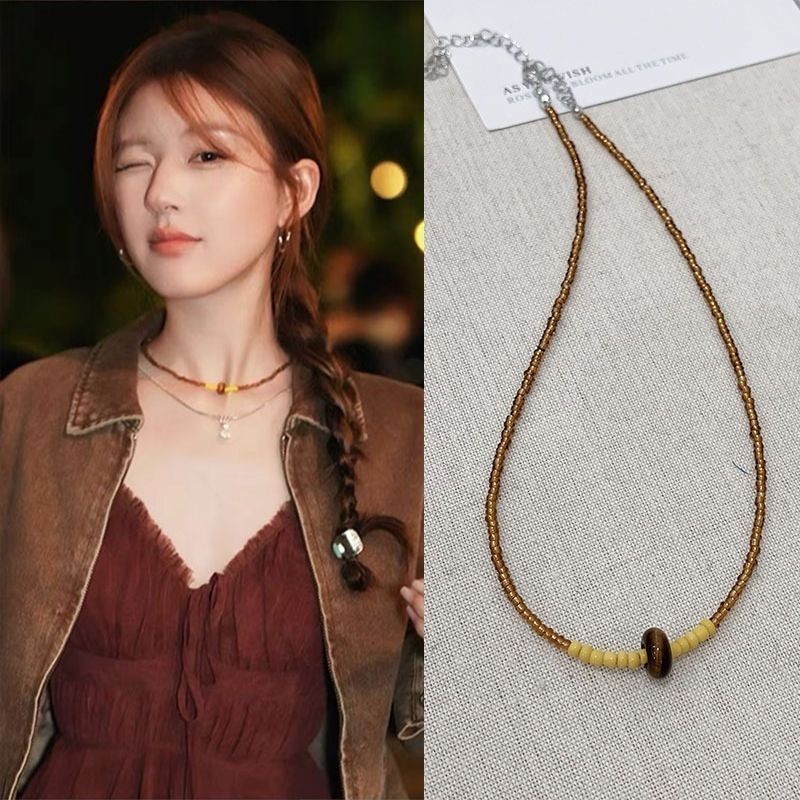 Xu Me Dazzling Tiger Eye Stone Zhao Lusi Xu Yan ช็อกโกแลตลูกปัด Premium Lad สร้อยคอ Collarbone