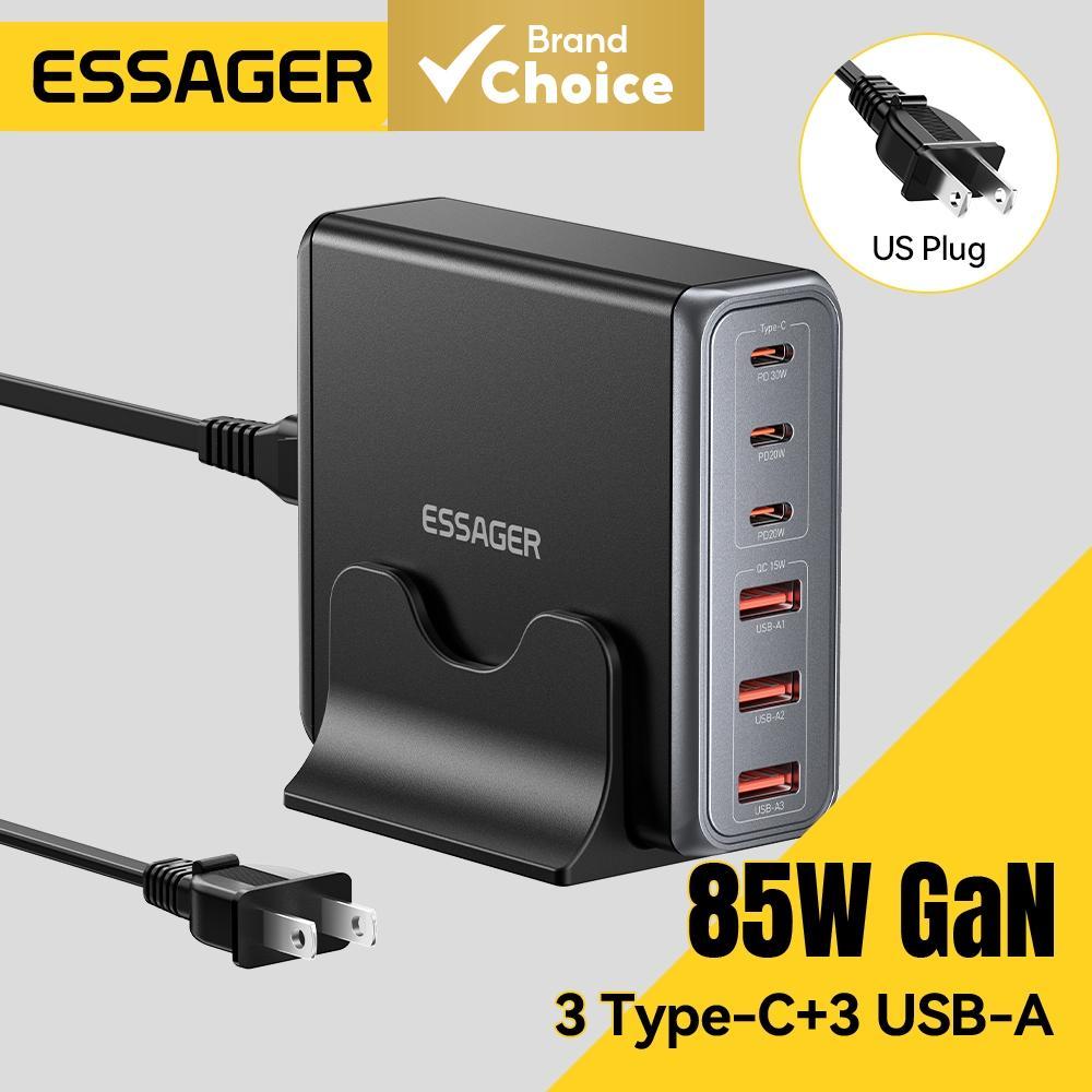 Essager 85W GaN USB Charger 6in1 เดสก์ท็อปชาร์จเร็ว USB Type C สําหรับ iPhone 17 16 15Pro Xiaomi Samsung สมาร์ทโฟน แล็ปท็อป