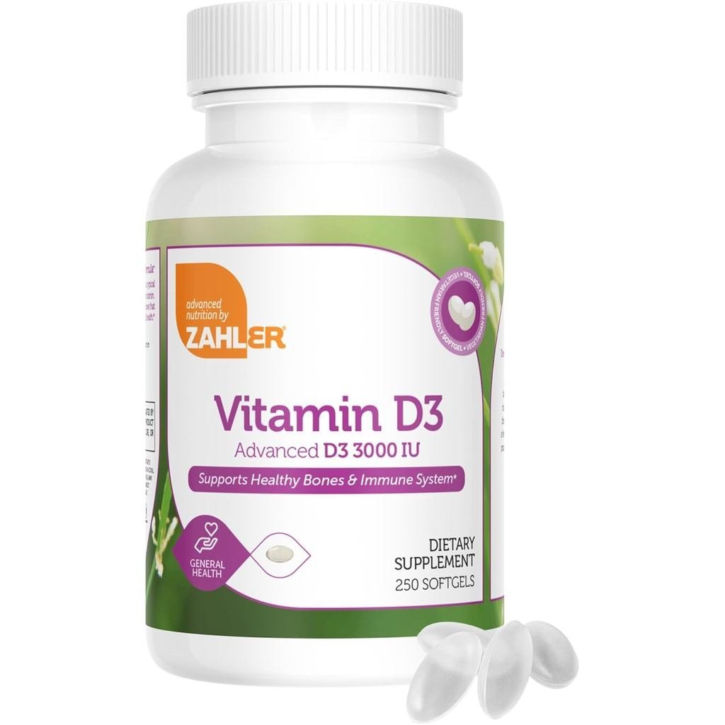 Zahler Vitamin D3 3000IU, อาหารเสริมวิตามิน D3 3,000 IU, Ksher ที่ผ่านการรับรอง (250 ซอฟท์เจล)