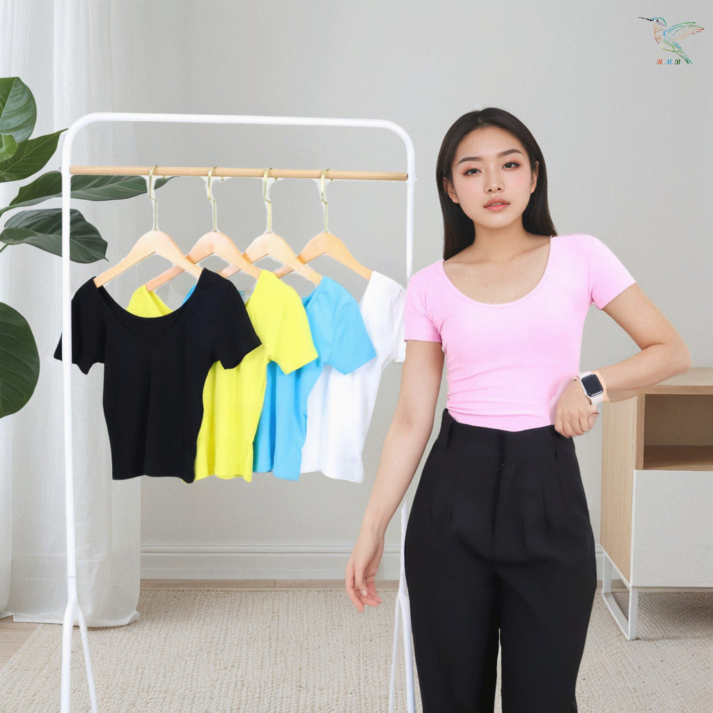 HMB® เสื้อยืด คอยู แขนสั้น ทรงเข้ารูป ผ้าเรยอน เนื้อผ้าเย็น ระบายอากาศได้ดี ทรงสวย แมทช์ง่าย สไตล์สา
