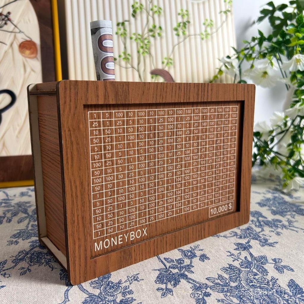 Wooden Money storage jar Money Bank, Countdown Money Saving Box with 10000 Dollars Target, Money sto