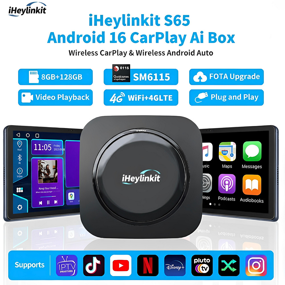 IHeylinkit Android 16 Carplay AI กล่อง 8+128GB QCM6115 ไร้สาย CarPlay Android อะแดปเตอร์อัตโนมัติในตัว Youtube Netflix Google Play