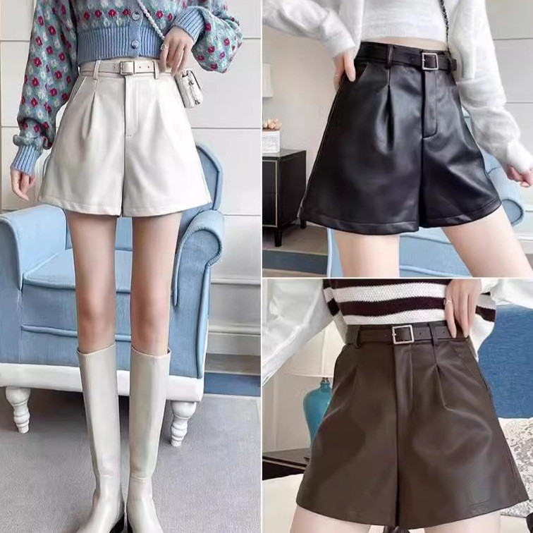 กางเกงขาสั้นหนัง PU สีดำ สำหรับผู้หญิง เอวสูง ดีไซน์เก๋ ขาโบร์ท ใส่คู่บูทหรือสวมใส่สบาย​
