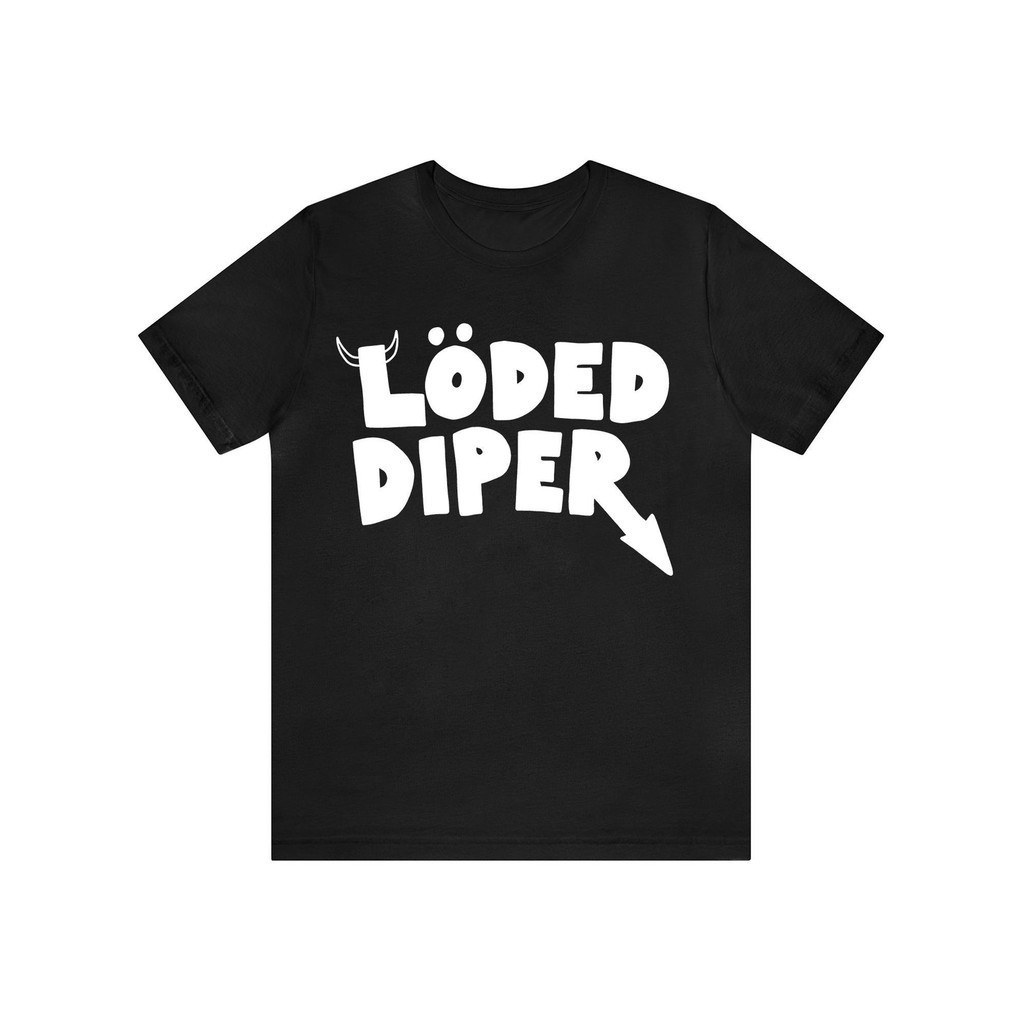 ผู้ชาย เสื้อยืดกราฟิก "Loded Diper" สีดำ คอกลม แขนสั้น พร้อมตัวอักษร P สีขาวโดดเด่น เสื้อยืดแขนสั้นระบายอากาศ