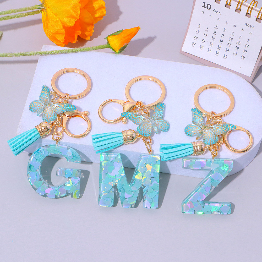 1PCS สีเขียว Big Heart เลื่อม AZ พวงกุญแจตัวอักษรภาษาอังกฤษชื่อจี้กระเป๋า Charm