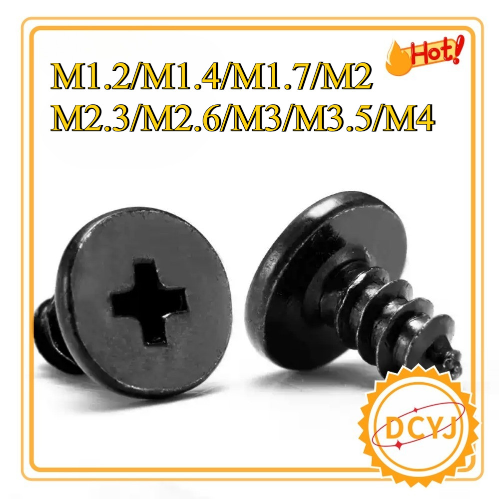 สีดํา CA หัวแบนสกรูเกลียวปล่อยหัวบางเฉียบข้ามหัวแบนแตะตัวเองเล็บ M1.2/M1.4/M1.7/M2/M2.3/M2/M2.6/M3/M