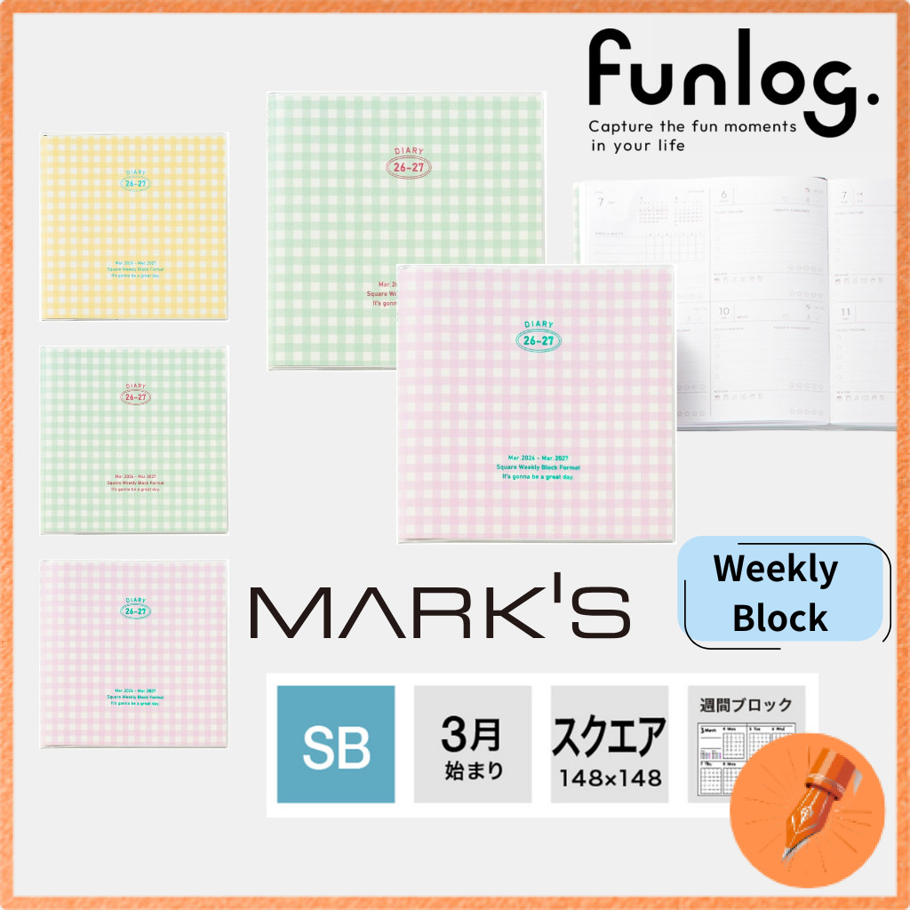 Marks 2026 March Start Weekly Block Planner Square 148 Gingham Check Funlog