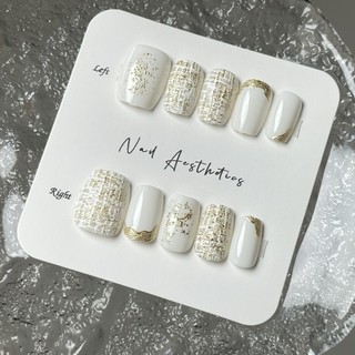  （Handmad）GOSMAN 10Pcs Cat Eyes Fake Nails With 4IN1 Tools Ultra Short Square Round French Nail Art 