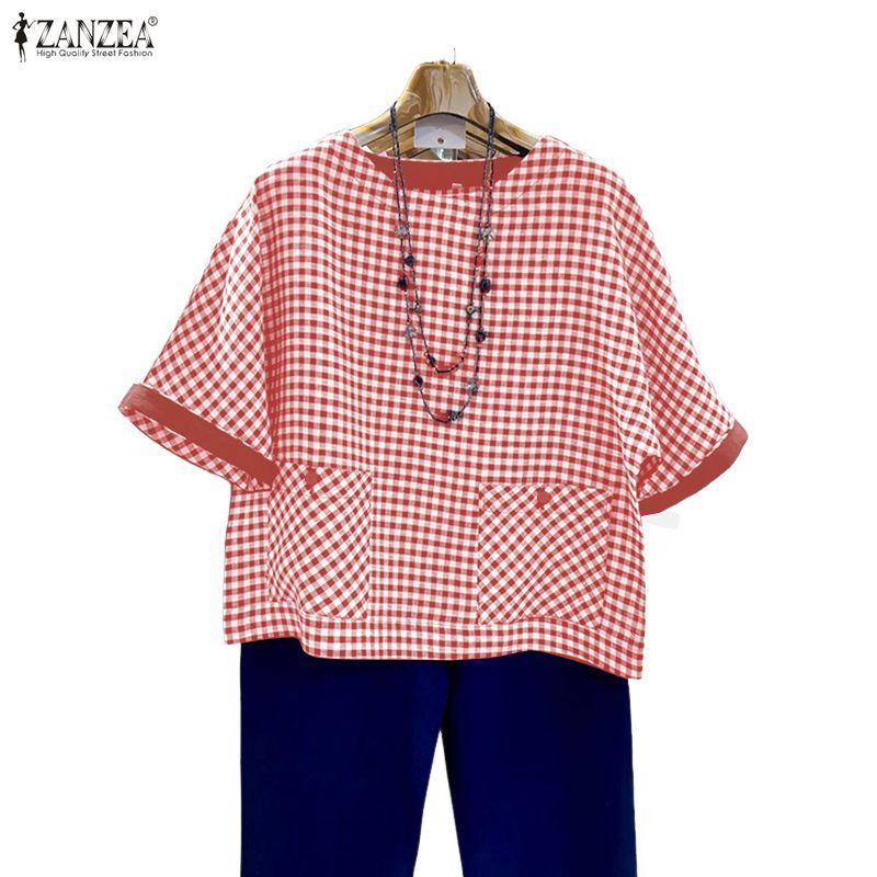 Zanzea เสื้อเชิ๊ตเกาหลีสำหรับผู้หญิง สไตล์ลายตารางหมากรุก มีซองจดหมาย ใส่ได้ทุกวัน