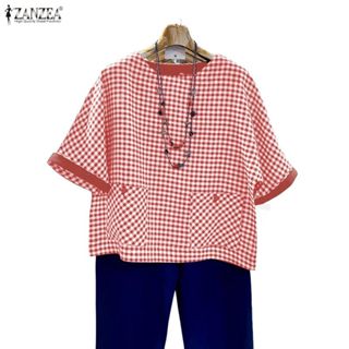 Zanzea เสื้อเชิ๊ตเกาหลีสำหรับผู้หญิง สไตล์ลายตารางหมากรุก มี…
