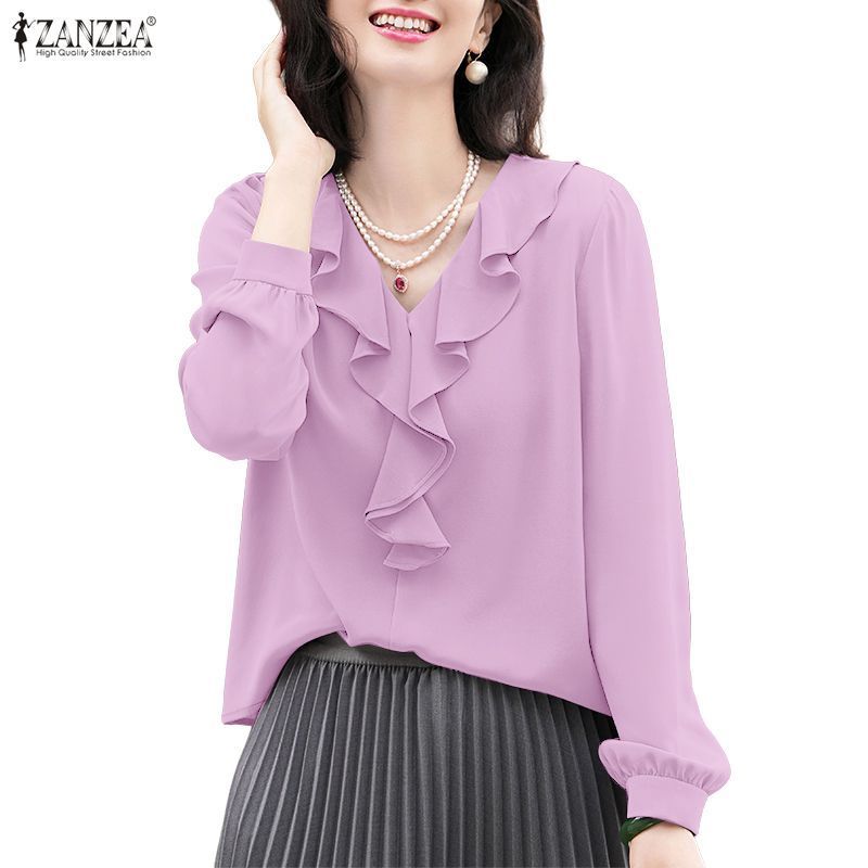 ZANZEA ผู้หญิงเกาหลี Commute Street แฟชั่น Ruffle V คอโคมไฟแขนยาวสีทึบเสื้อหลวม