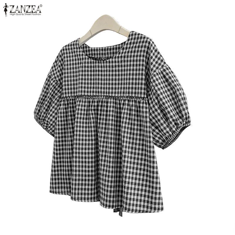 ZANZEA เสื้อลายเกาหลีสไตล์ออเรียนตัลคลาสสิกสำหรับผู้หญิง ดีไซน์แขนบอลอน และคอปอม พอดีตัวในทรงเอไลน์