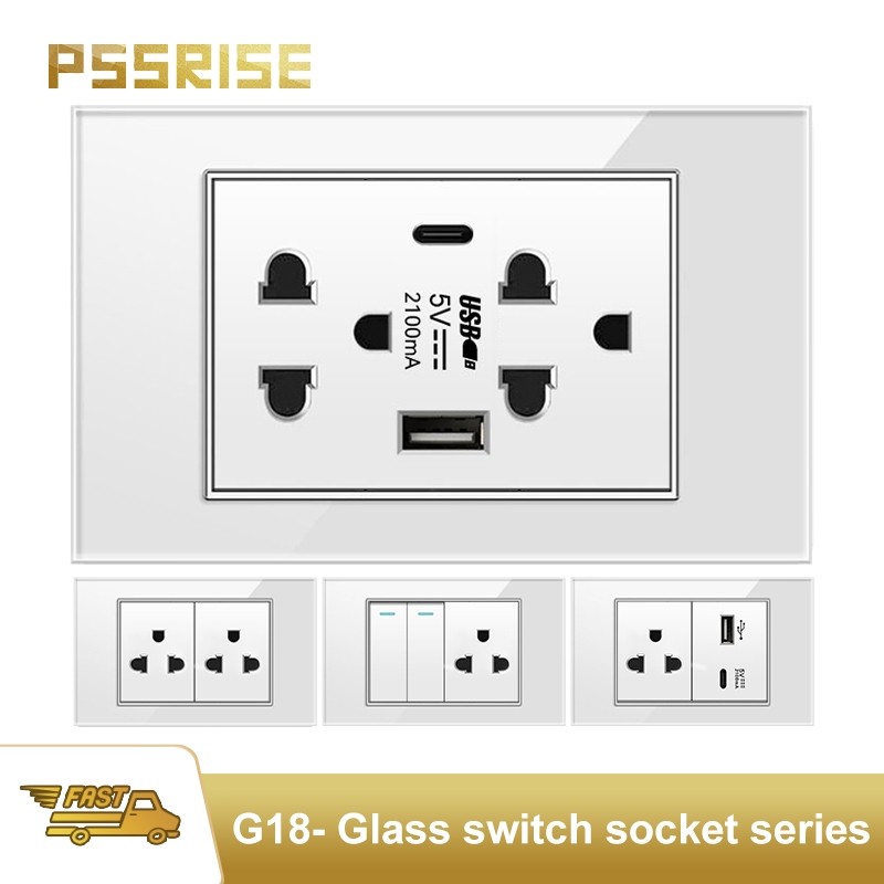 PSSRISE 118 สีขาว 15A ฟิล์มกระจกนิรภัยแผงสวิตช์ 110V พร้อมแผงกระจกนิรภัย Warranty-G18