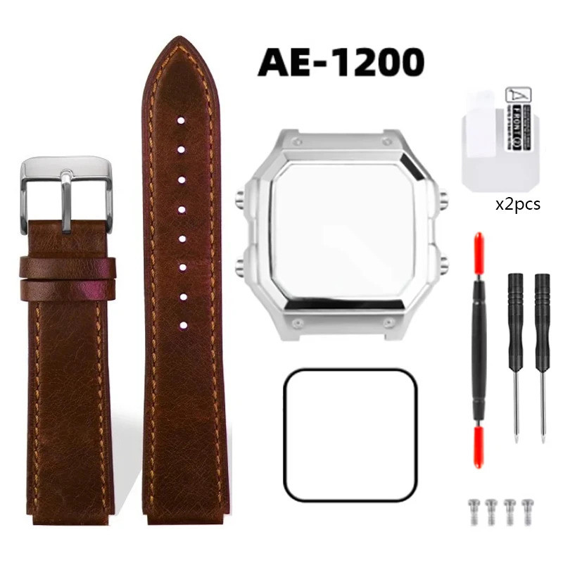 AE1200 Case Mod Kit สําหรับ Casio 3299 AE-1200 AE-1200wh AE1300 Bezel Glass สแตนเลส Calfskin Vintage