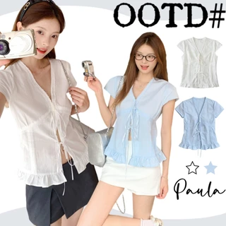 Paula พร้อมส่ง🌴เสื้อเชิ้ต แขนสั้น สีพื้น🌴น่ารัก อินเทรนด์ เชือกผูกหน้า สไตล์ลำลอง เสื้อครอป รัดรูป ผู้หญิง แฟชั่น