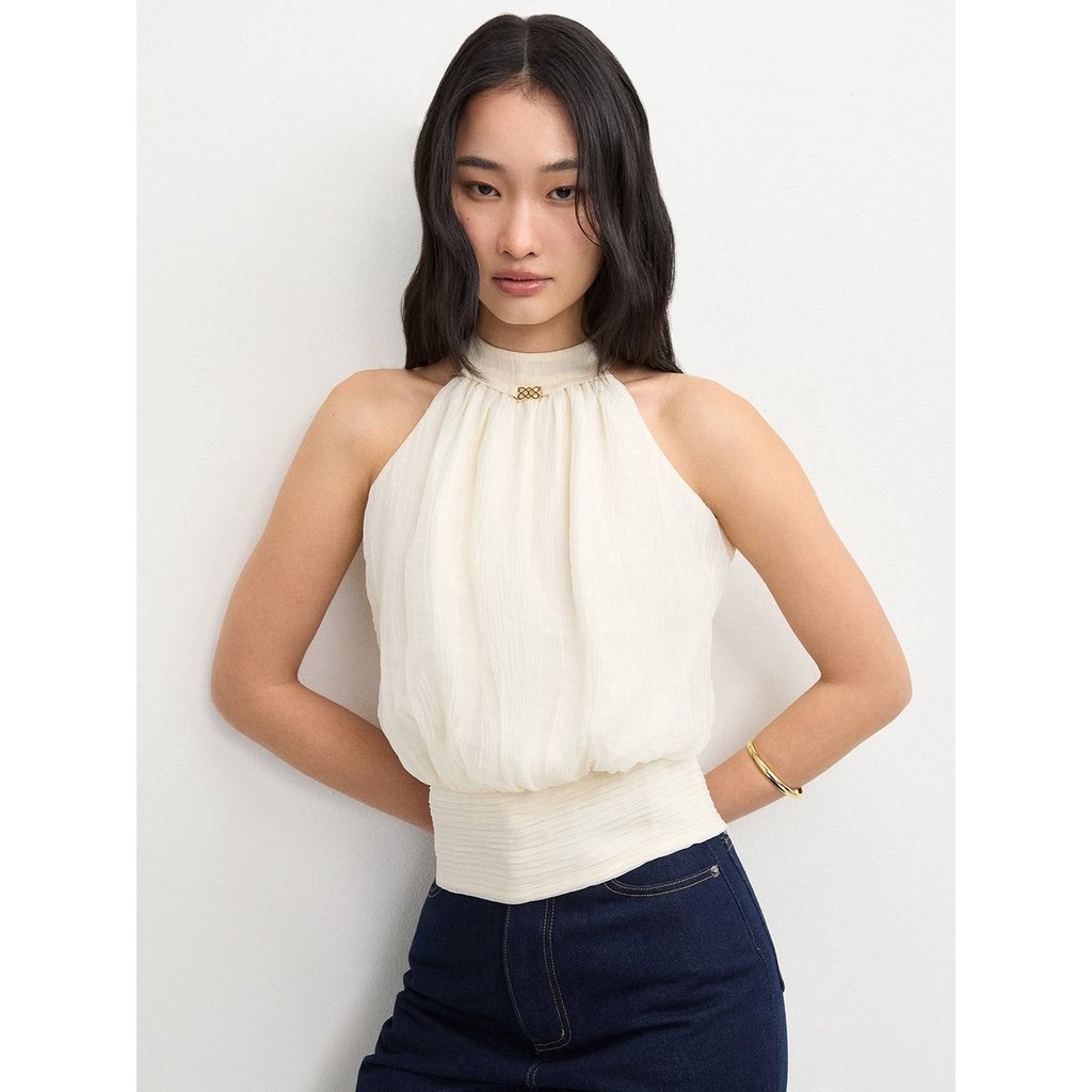 [Pomelo] เสื้อเบลาส์แขนกุดคอคล้องผ้าชีฟองอัดพลีทชายเสื้อสม็อคและกระดุมหลัง / Halter Neck Blouse with Pleated Hem