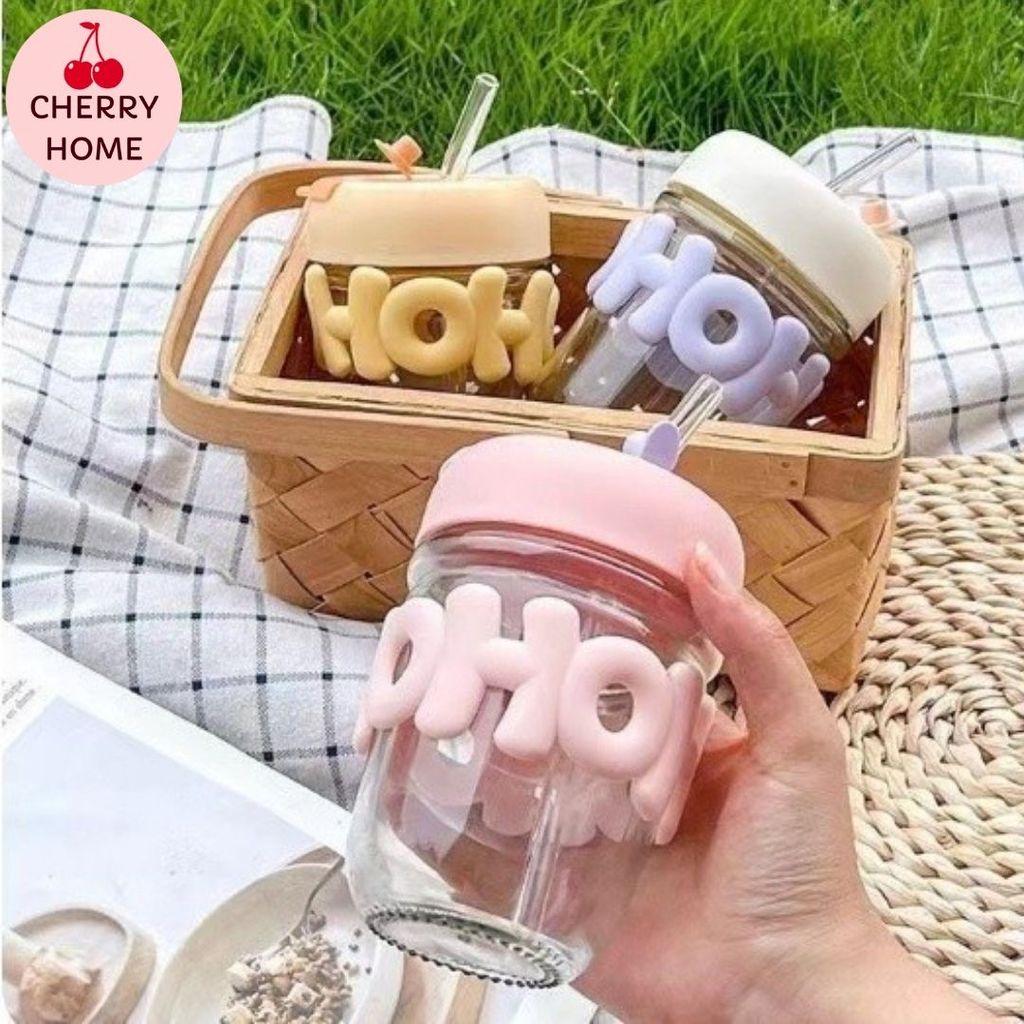 แก้วใส่น้ำ พร้อมหลอดแก้ว 350ML น่ารัก #W-0004