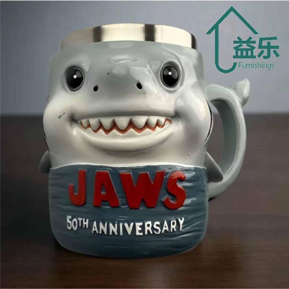 ANTINON Jaws 50th Anniversary Mug, Creative Stainless Steel Liner Shark Mug, Funny Design Resin Material Ocean Theme Cup