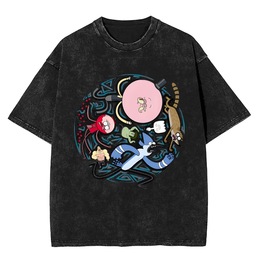 การ์ตูนRegular Show graphic 100% ผ้าฝ้าย Heavyweight Washed short-SLEEVE เสื้อยืดสําหรับผู้ชาย