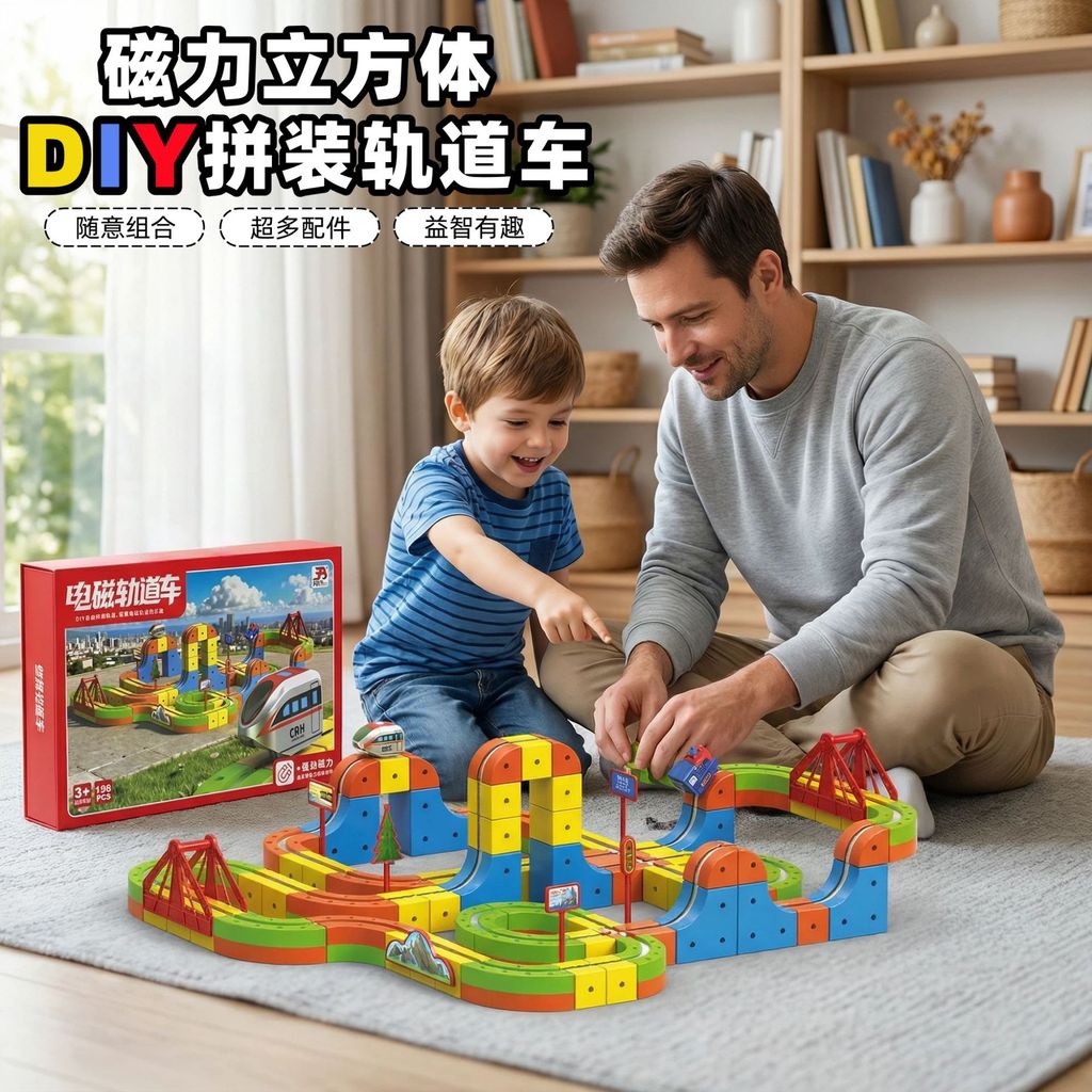 เด็กรถไฟแม่เหล็กรถ High-Rail Train Cube Boy การศึกษา DYI Magnetic Building Block ประกอบของเล่น