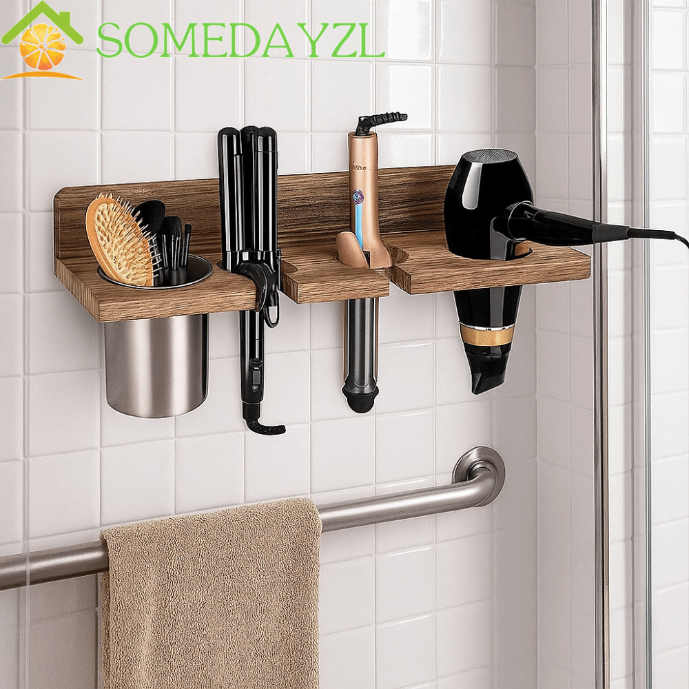 SOMEDAYZL ที่แขวนเครื่องเป่าผม, ที่วางเครื่องเป่าผมไม้ติดผนัง, ที่วางเครื่องหนีบผมประหยัดพื้นที่อเนกประสงค์มีสไตล์