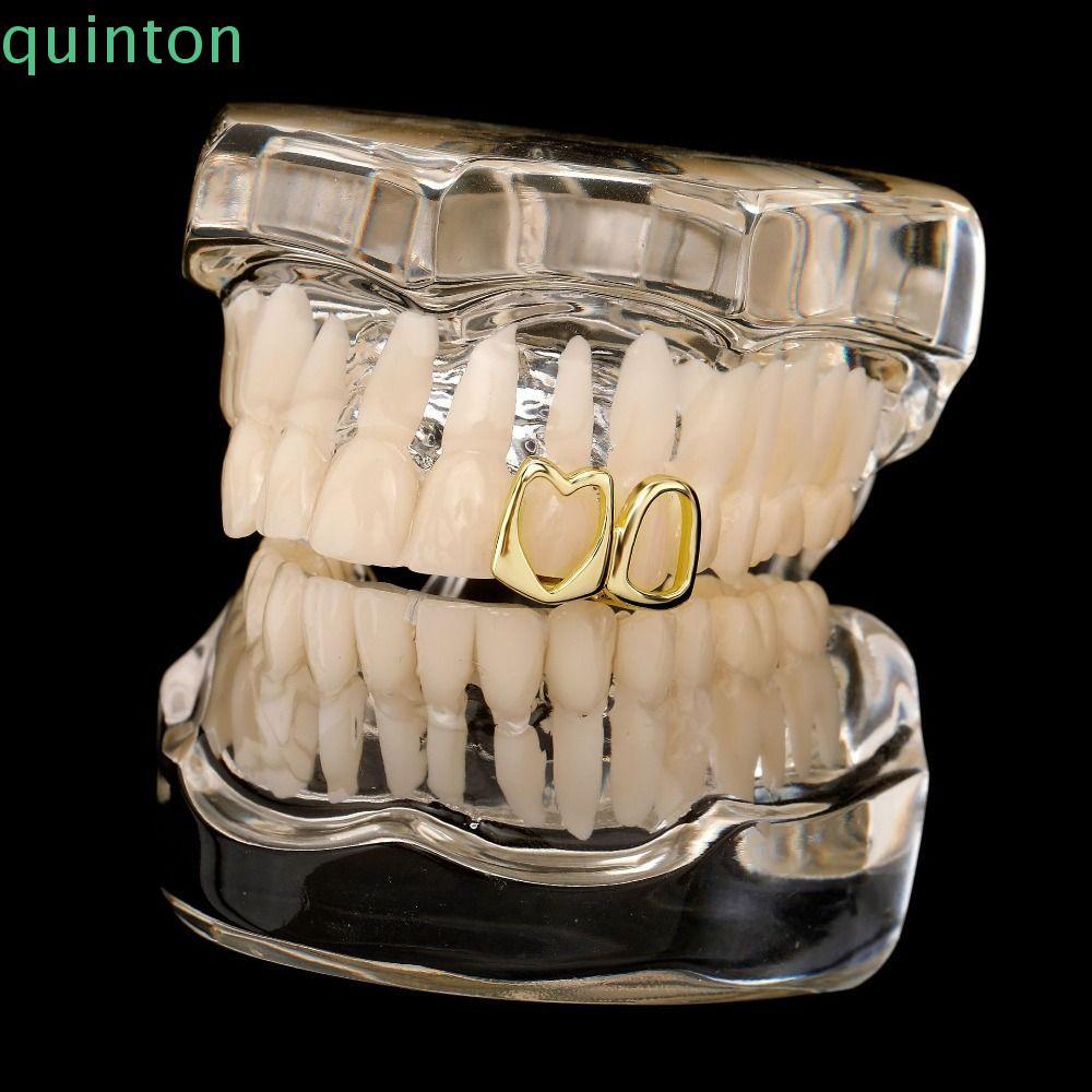 QUITON Hollow Heart ฟัน Grillz แบบHip Hop Zircon พร้อม charm เพชรสังเคราะห์ สำหรับคอสเพลย์และสร้อยฟั