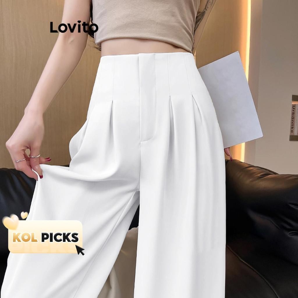 (KOL‘s pick) Lovito กางเกงลําลอง กางเกงพลีทสีพื้นสําหรับผู้หญิง LNE59439