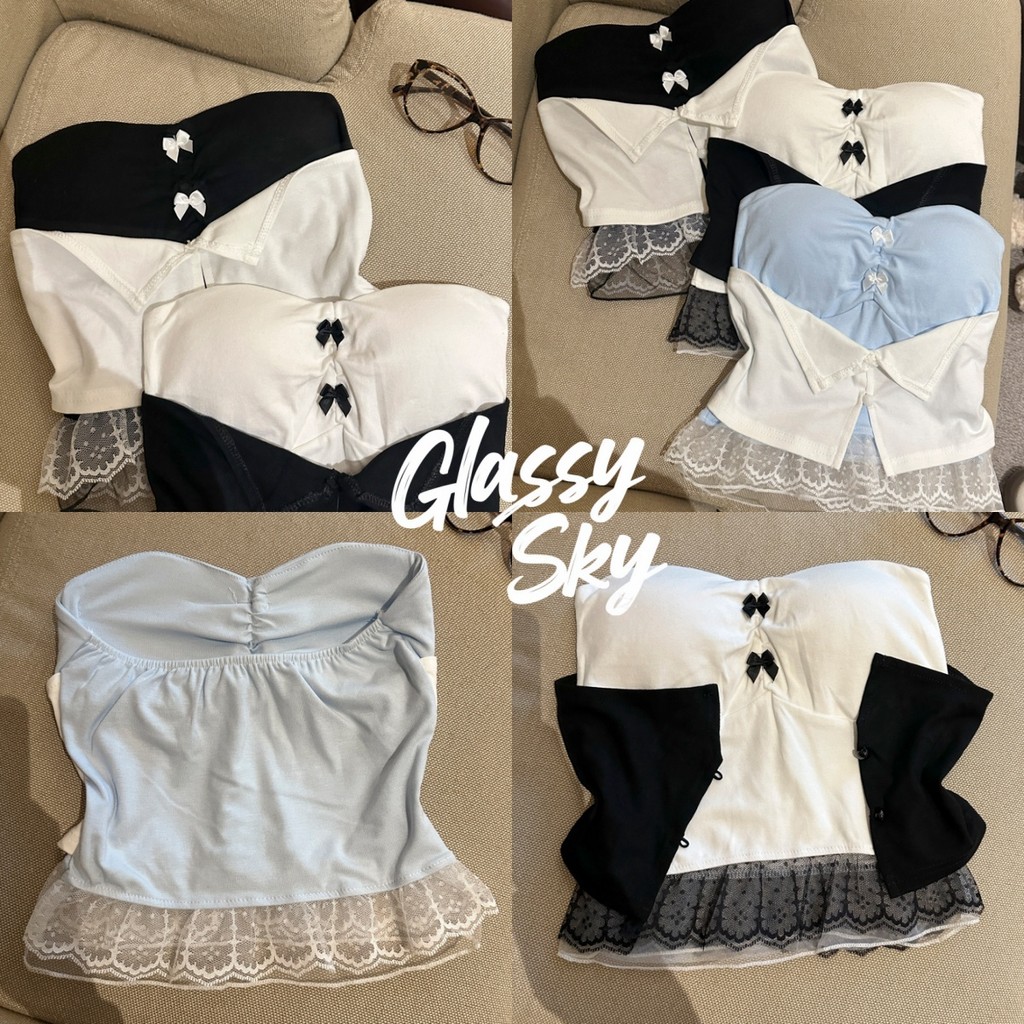 Glassy Sky😜พร้อมส่ง เสื้อเกาะอก แต่งโบว์ ชายลูกไม้ ดีเทลสีตัดเก๋ๆ มีฟองน้ำในตัว เสื้อแฟชั่น(FY2920)