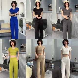 🎈MKL🎈ชุดเซ็ทสีพื้นเสื้อครอปแขนสั้น + กางเกงขายาวกระเป๋า2ข้าง…