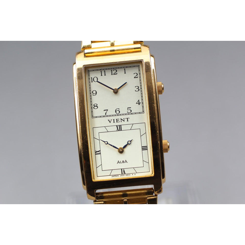 1995[exc+5] seiko alba v400-5960 gold square dual time 24mm qz roman men's watch