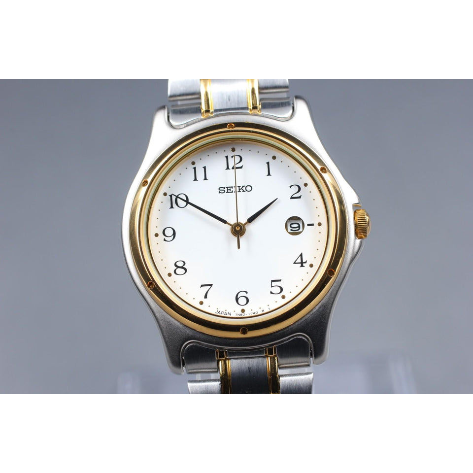 Vintage 2000 [n mint] seiko 7n82-0790 white silver date 29mm quartz men's watch