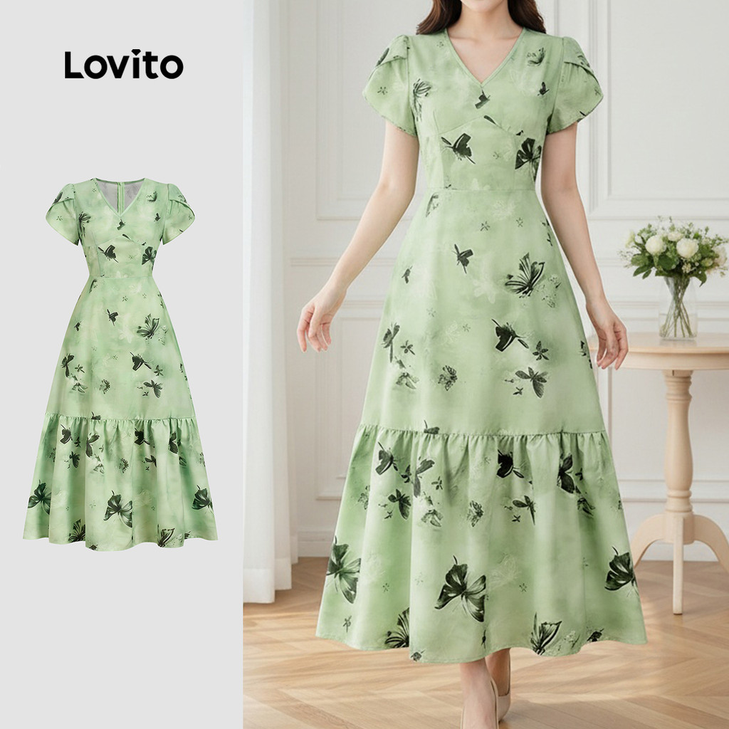 B178-MAR26-B-3-V คอแคบ-เอว Bud Sleeve Dress-DRB178P2D1397
