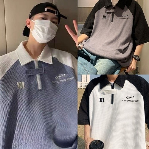 Chaistyle เสื้อโปโลฤดูร้อน แขนสั้นคอปกผู้ชาย แบบหลวมสบายๆ เสื้อวาฟเฟิลด์ มีให้เลือก3สี