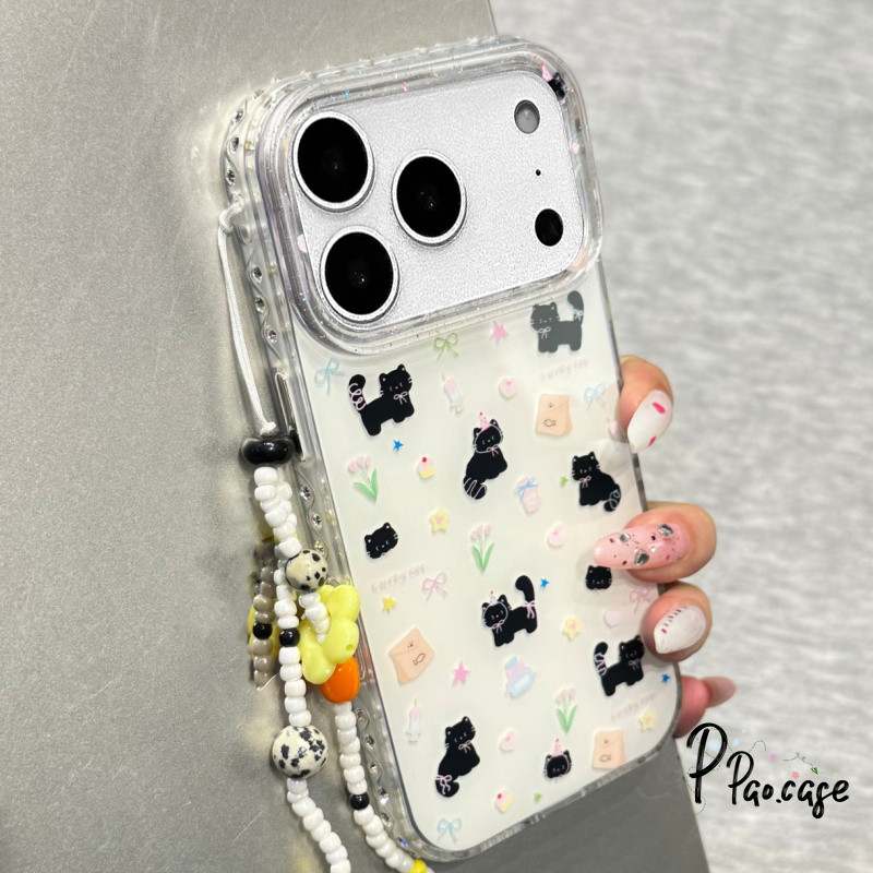 เคสไอโฟน16 17 15 เคสผงวาว ลายแมวดำสีขาวน่ารักฮิต สำหรับ IPhone 13 17 16 11 14 12 15 Pro Max Air 7 8 15 16 Plus XR X
