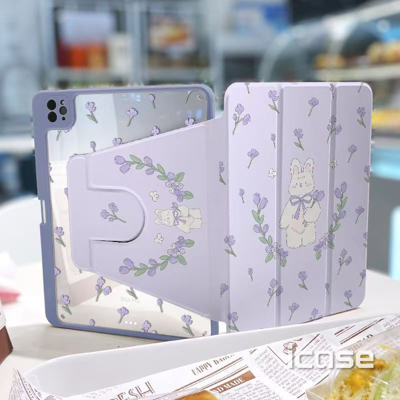 720°เคสป้องกัน iPad อะคริลิคกระต่ายดอกไม้สีม่วงสามพับหมุนได้เหมาะสําหรับ iPad11th (A16)/iPad Air7 (M