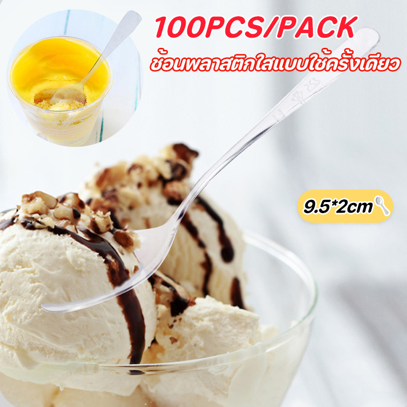 100/500PCS 9.5cm🔥ช้อนพลาสติกใสแบบใช้ครั้งเดียว พลาสติก PS เกรดอาหาร ช้อนขนมหวานช้อนไอติม