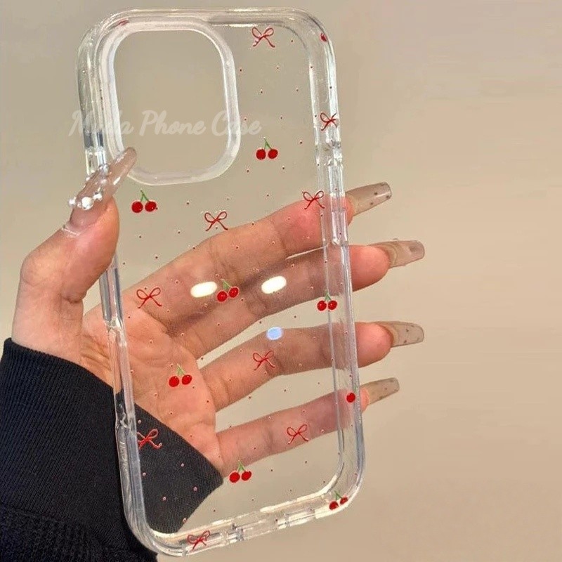 🍒เคสไอโฟน11 สำหรับ iPhone 13 15 11 14 12 Pro Max 7Plus XR 7 8 15 14Plus X XS Max SE 2020 ผ้าคลุมนุ่มเชอร์รี่โรแมนติกหวาน