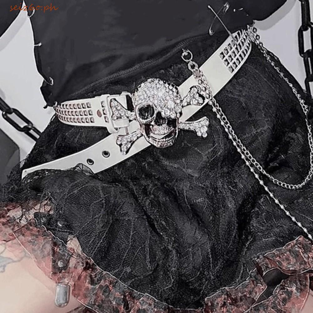 SEIZ6O Skull เข็มขัดกว้าง, Rhinestone ปรับสีดํา Rivet เข็มขัด,กางเกงยีนส์ตกแต่ง Y2K PU หนัง Hip-hop 