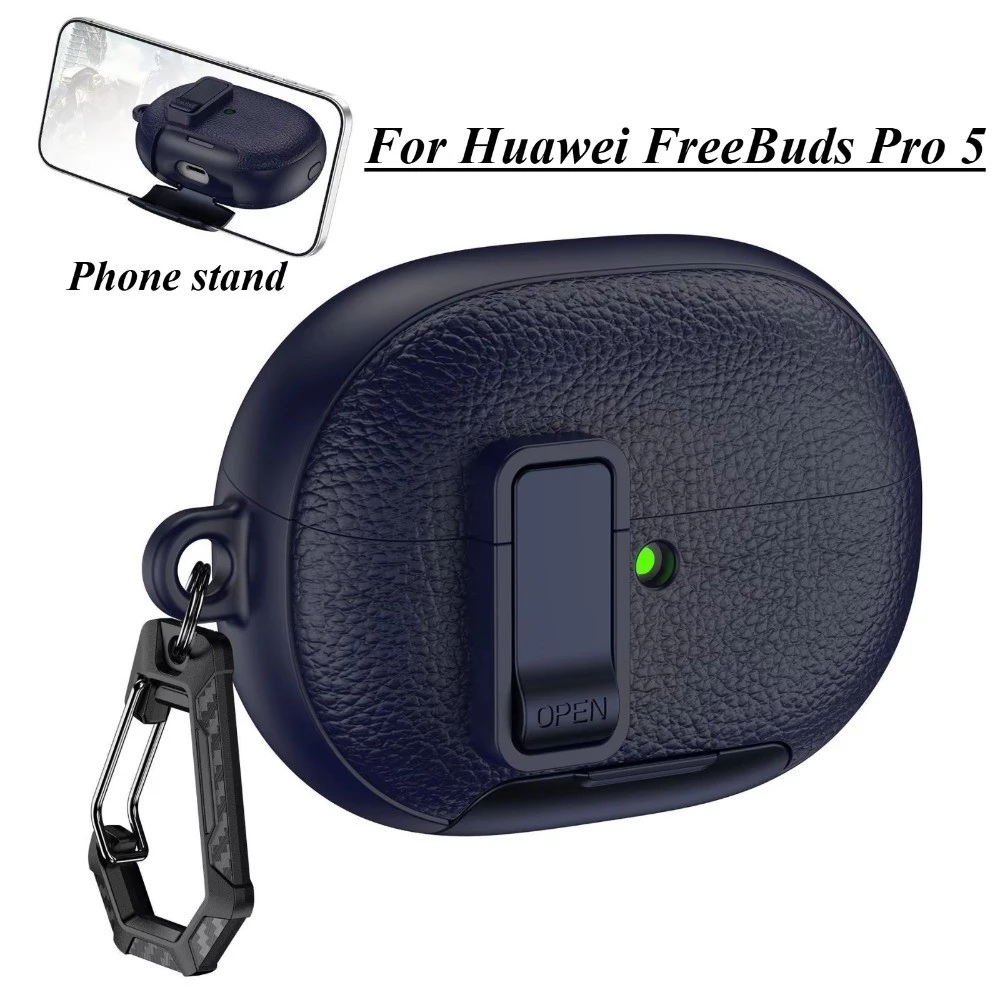 พร้อมขาตั้งโทรศัพท์สําหรับ Huawei FreeBuds Pro 5 รุ่นหูฟังกันกระแทกฝาครอบป้องกันสําหรับ Huawei FreeBuds Pro5 หูฟังไร้สายบลูทูธหนังล็อคสวิทช์