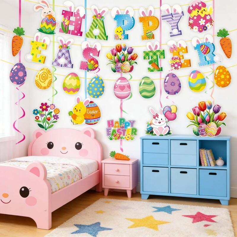 HAPPY EASTER Easter Egg Flag น่ารัก Easter Bunny ดึงธง Easter Party ตกแต่งอุปกรณ์