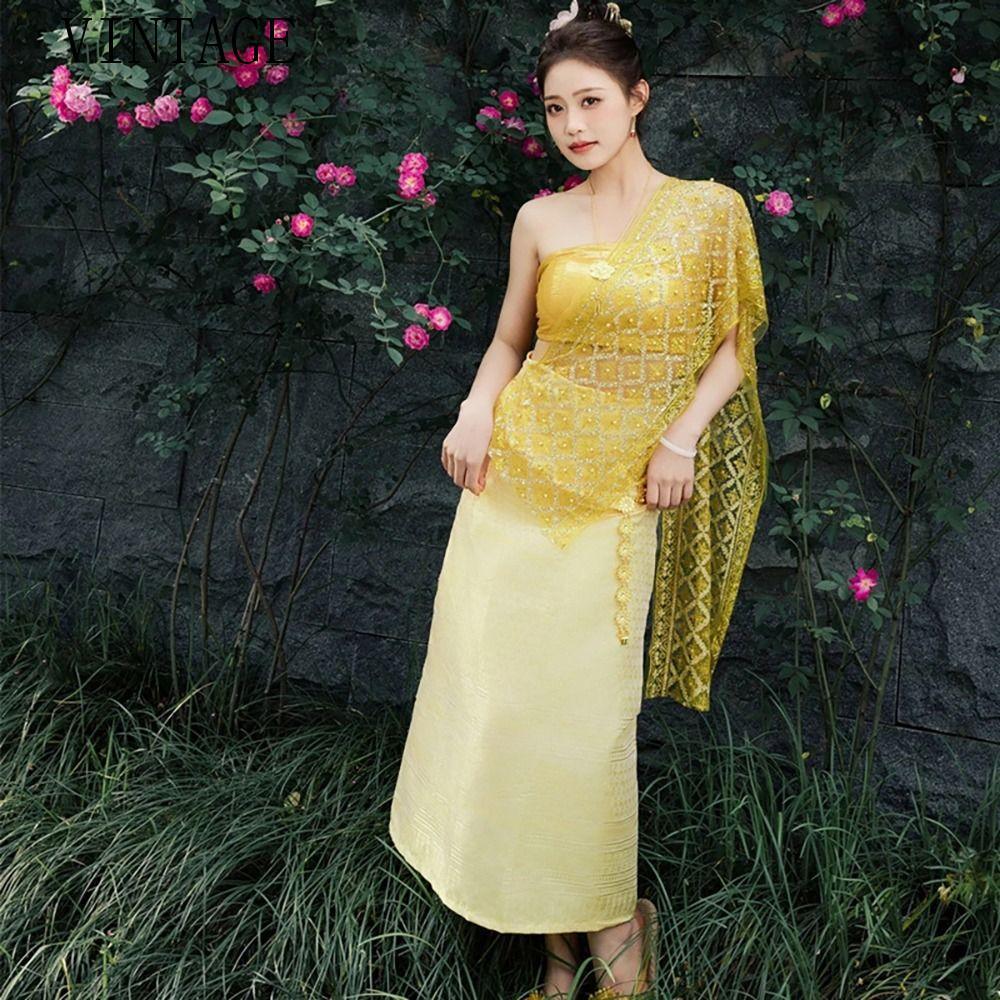 วินเทจเทศกาลสงกรานต์เครื่องแต่งกาย, ลูกปัด Boob Tube Top Thailand Festival Skirt Set, Sequin Glitter