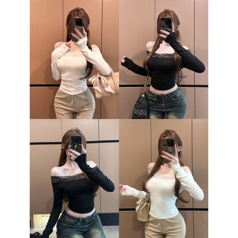 Bonnie เสื้อแขนยาวเปิดไหล่ ลูกไม้ สีพื้น สีพื้นขาวดำผ้าร่องเล็ก เข้ารูป เสื้อผู้หญิง สไตล์เกาหลี