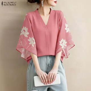 ZANZEA ใส่ ซานเซีย ผู้หญิงเกาหลีหรูหราวินเทจคอ โวลต์ 3/4 แขนบานดอกไม้พิมพ์หลวมพอดีเสื้อ