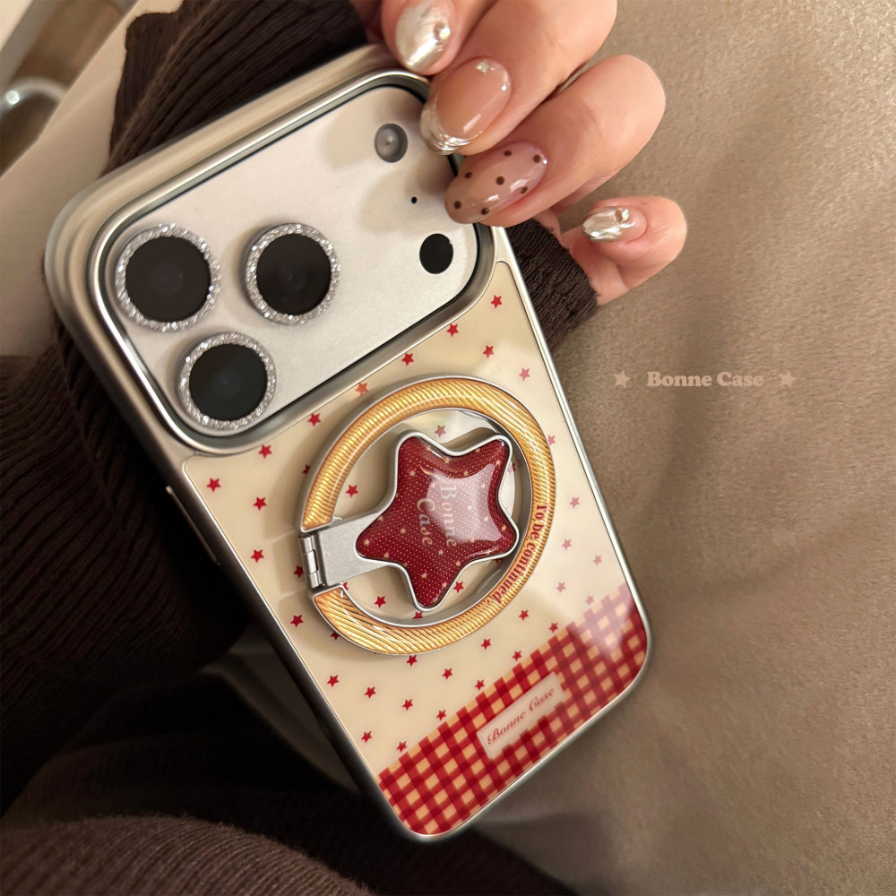 Ins Burgundy Star รูปตัวอักษรภาษาอังกฤษพับขาตั้งแม่เหล็กผู้ถือ iPhone กรณีสําหรับ iPhone 17 Pro Max 17 Pro 17 Air 17 16 15 14 13 กันกระแทก Hard อะคริลิคปกหลัง