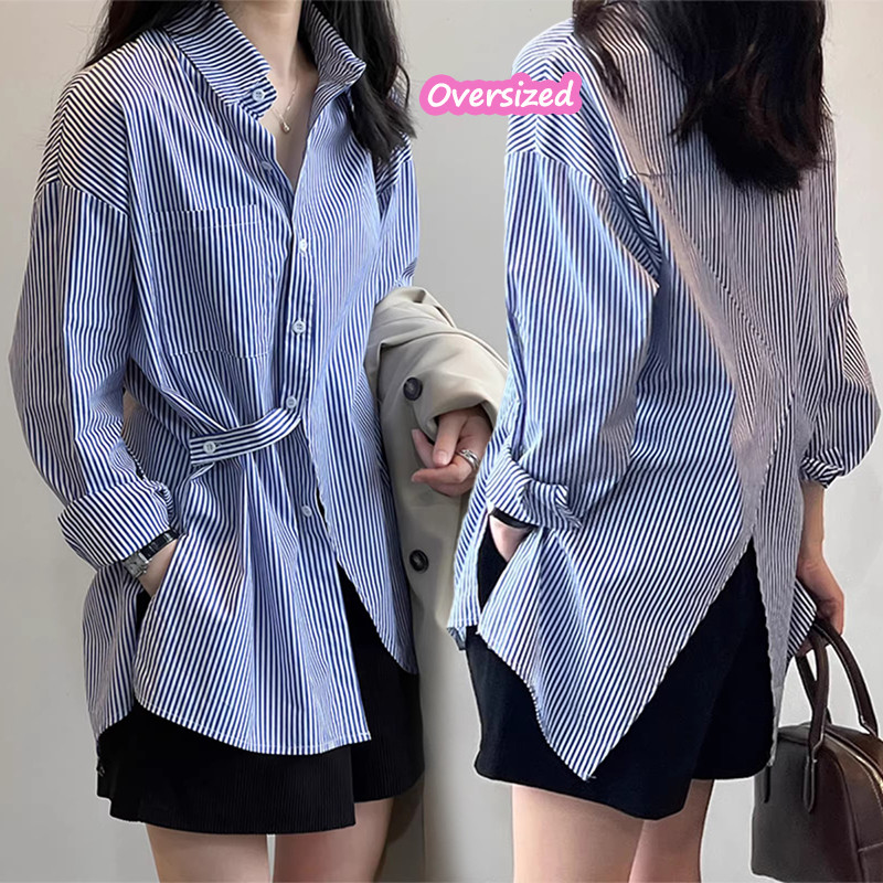 Baby Grape#W501 เสื้อเชิ้ตลายทาง สไตล์ อเมริกัน สำหรับผู้หญิง เสื้อเชิ้ตทำงานหลวม แฟชั่นฤดูใบไม้ผลิ
