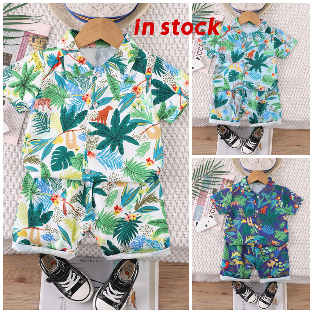 [Grojoy] ชุดสูทเด็กชาย สีลายดอกไม้สไตล์ฮาวาย เสื้อเชิ้ตกับกางเกงขาสั้น GRL935