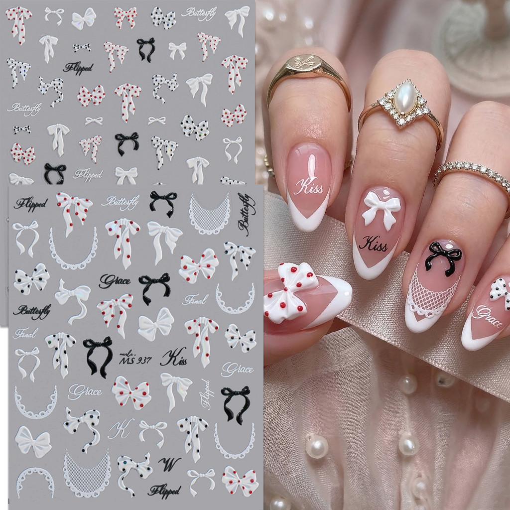 HAMA 3D นูนโบว์สติกเกอร์เล็บ Decals - Cherry Heart Star Bear Design Self-Adhesive ตกแต่งเล็บสําหรับเล็บฝรั่งเศส DIY อุปกรณ์ตกแต่งเล็บ